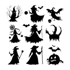 Creative Halloween Vector Art Spooky Witch, Creepy Icons & Silhouettes Collection