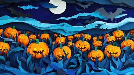 Paper cut style illustration of a whimsical pumpkin patch at twilight, glowing jack-o'-lanterns under a full moon