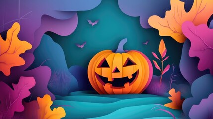 Paper cut style illustration of a whimsical Halloween pumpkin, carved jack-o'-lantern with glowing eyes
