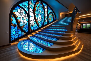 Stained glass window, geometric designs, modern elegance blends tradition with contemporary style, creating a striking piece of art