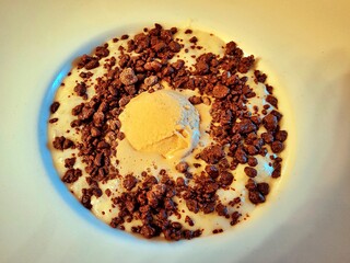 Rice pudding with chocolate and ice cream