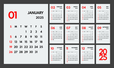 2025 year monthly office planner, calendar starts sunday, red weekends, white background