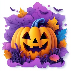 Paper cut style illustration of a whimsical Halloween pumpkin, carved jack-o'-lantern with glowing eyes