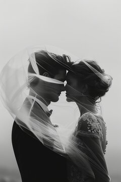 Romantic Prewedding Couple Embracing Under Veil in Black and White for Timeless Love Concept