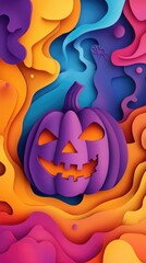 Fototapeta premium Paper cut style illustration of a whimsical Halloween pumpkin, carved jack-o'-lantern with glowing eyes