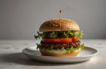 Vegan simple imperfect hand made burger on a white table in a white plate 