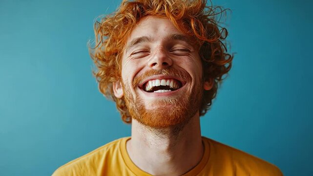 picture shows a curly-haired, ginger-haired Caucasian man in a mustard-colored t-shirt laughing aloud at a funny story inside