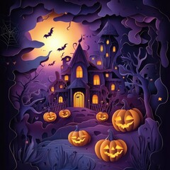 Fototapeta premium Paper cut style illustration of a whimsical haunted house surrounded by pumpkins at night