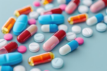 Medicine, various tablets, capsules and pills, blue capsules and red capsules, illness medication cure pharmaceutical close up