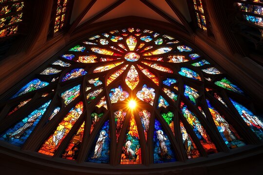 Stained glass window, telling the story of creation, vibrant and detailed brings the biblical tale to life with vivid imagery and radiant light