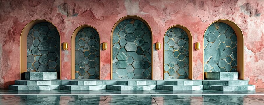 Minimalist architectural sculpture with arches and geometric shapes in vibrant colors