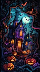 Paper cut style illustration of a whimsical haunted house surrounded by pumpkins at night