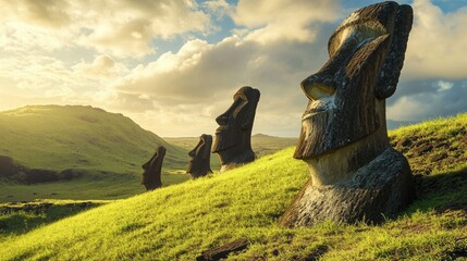 The Moai statues on Easter Island, with the rolling hills and lush greenery of the island in the background.