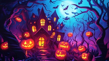 Paper cut style illustration of a whimsical haunted house surrounded by pumpkins at night