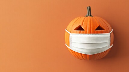 Minimalist Pumpkin Carved with Protective Mask on Orange Background