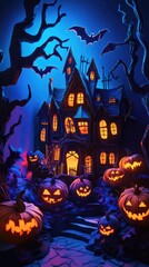 Fototapeta premium Paper cut style illustration of a whimsical haunted house surrounded by pumpkins at night