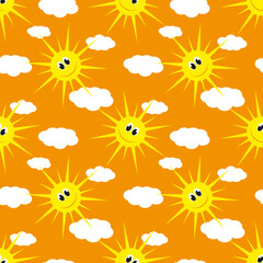 Vector illustration. Funny smiling cartoon sun seamless pattern on bright background.