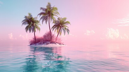 Fototapeta premium Tropical Island Paradise with Palm Trees and Pink Sky Reflections in Tranquil Ocean Waters