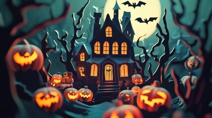 Paper cut style illustration of a whimsical haunted house surrounded by pumpkins at night