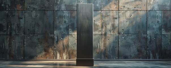 Sleek steel pedestal with a brushed finish, spotlighted in an industrial environment.