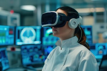Woman, scientist and VR goggles with computer screen, Developing vaccine with artificial intelligence augmented reality virtual interface helping scientist analyze lab data.
