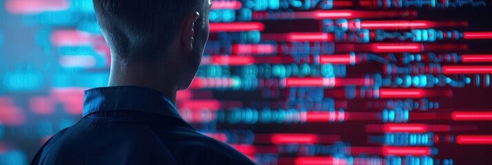 Back view of a person analyzing complex genetic code data on a high-tech digital screen, symbolizing biotechnology, research, and data science.