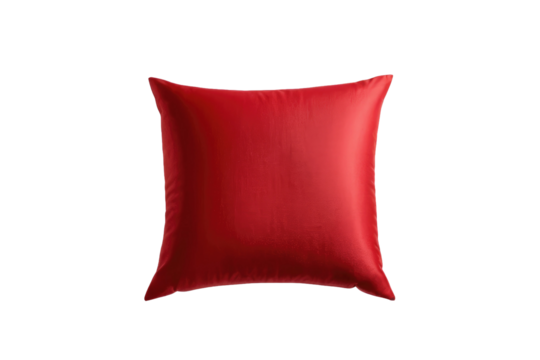 Single red pillow centered, full frame, high quality stock photography, isolated against a pure white background, vibrant hue, fabric texture visible, casting a soft shadow beneath, minimalistic