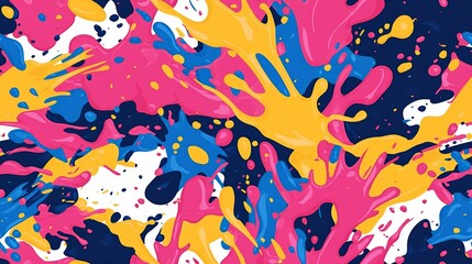 Colorful Abstract Seamless Background with Vibrant Paint Splashes in Pink, Blue, Yellow, and White for Modern Design Projects