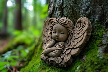 Obraz premium Stone angel, resting against an ancient tree, silent companion keeps watch as the seasons change, a steadfast presence through the ages