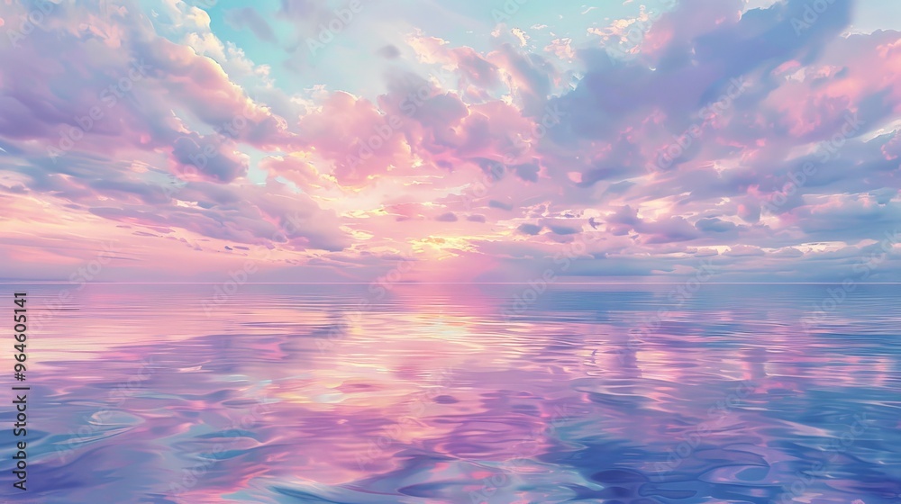 Wall mural a breathtaking sunset illuminates the clouds and water with soft pastel hues, creating a serene and 