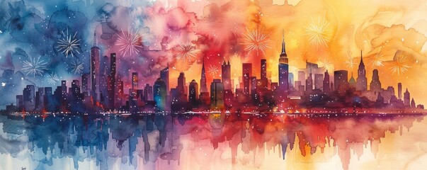 A city skyline with fireworks in the background