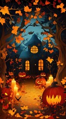 Obraz premium Paper cut style illustration of a whimsical haunted house surrounded by pumpkins at night