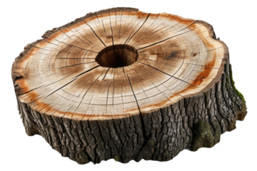 Single tree stump, high-resolution stock photograph, full body isolated against a stark white background, sharp focus on textures of the wood grain, casting a soft shadow beneath, ideal for composites