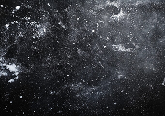 Dark Black Background Featuring White Snow and Ice with Grainy Grunge Texture