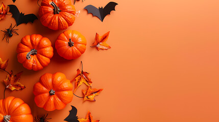 Halloween background with pumpkins, bats and autumn leaves on orange