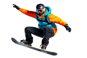 Snowboarder mid-air captured in dynamic jumping pose, full body, masks obscuring facial features, contrasts sharply with isolated white background, dynamic lighting emphasizes muscular definition