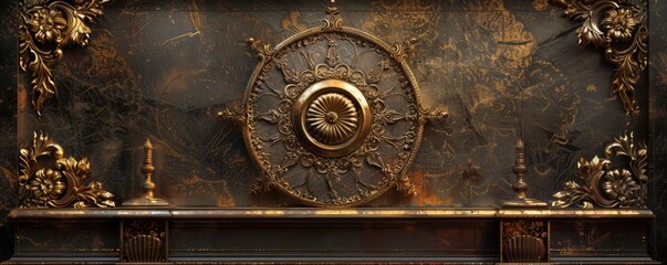 Bronze podium with intricate designs, set against a rich, velvet backdrop.