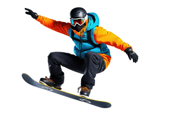 Snowboarder mid-air captured in dynamic jumping pose, full body, masks obscuring facial features, contrasts sharply with isolated white background, dynamic lighting emphasizes muscular definition