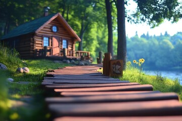 Obraz premium Tranquil cabin escape with wooden path and lakeside serenity in summer forest