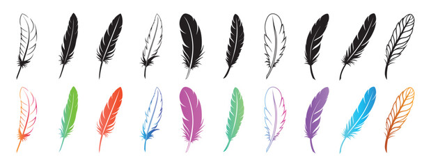 Vector feather set in various colors and black silhouette.