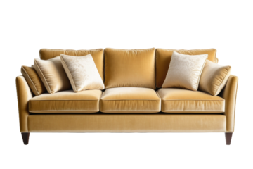 Ultra high-definition stock photo, vintage velvet sofa, plush cushions, soothing beige palette, isolated against a pristine pure white background, soft studio lighting, casting gentle shadows