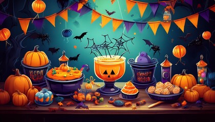 Halloween Party Decorations: A bright, festive indoor scene with a table full of Halloween-themed food like spider cupcakes, candy corn, pumpkin pie, and a punch bowl shaped like a witch's cauldron. 