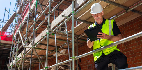 Construction Foreman Builder on Building Site Writing on Clipboard