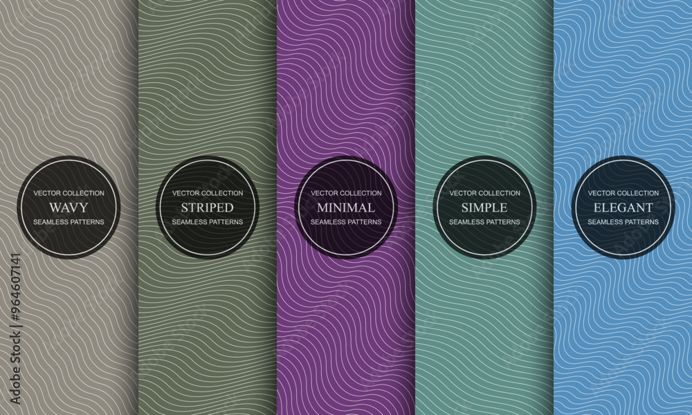 Fototapete Collection of elegant colorful seamless curve outline patterns. Striped endless wave textures. Vector repeatable minimalistic backgrounds with wavy lines
