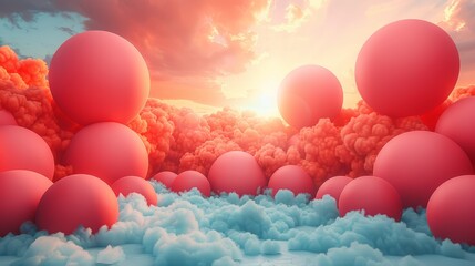 Stunning Vibrant Imaginary Landscape with Colorful Spheres and Clouds at Sunset