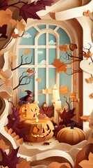 Obraz premium Paper cut style illustration of a cozy indoor pumpkin carving scene with warm lighting