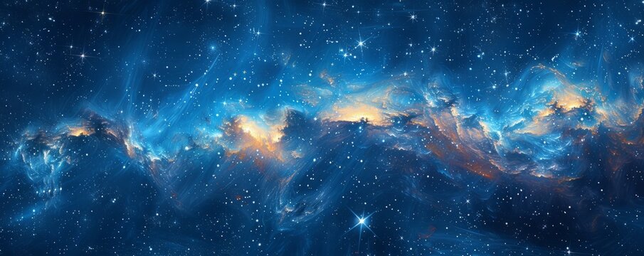 A blue sky with a long line of stars. The stars are scattered throughout the sky, with some closer together and others further apart