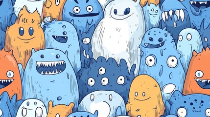 Colorful Seamless Pattern of Monster Doodles - Fun and Whimsical Cartoon Creatures in Blue, Orange, and White
