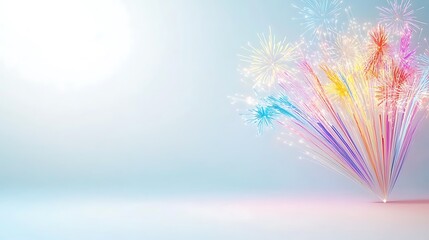 Electric fireworks bursting in bright colorful trails, filling the sky with energy and light, placed against a smooth gradient backdrop with exceptional depth and clarity.