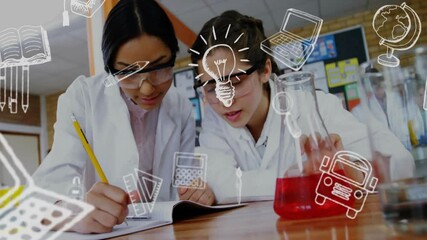 Animation of school items icons over diverse schoolchildren learning with teacher in lab